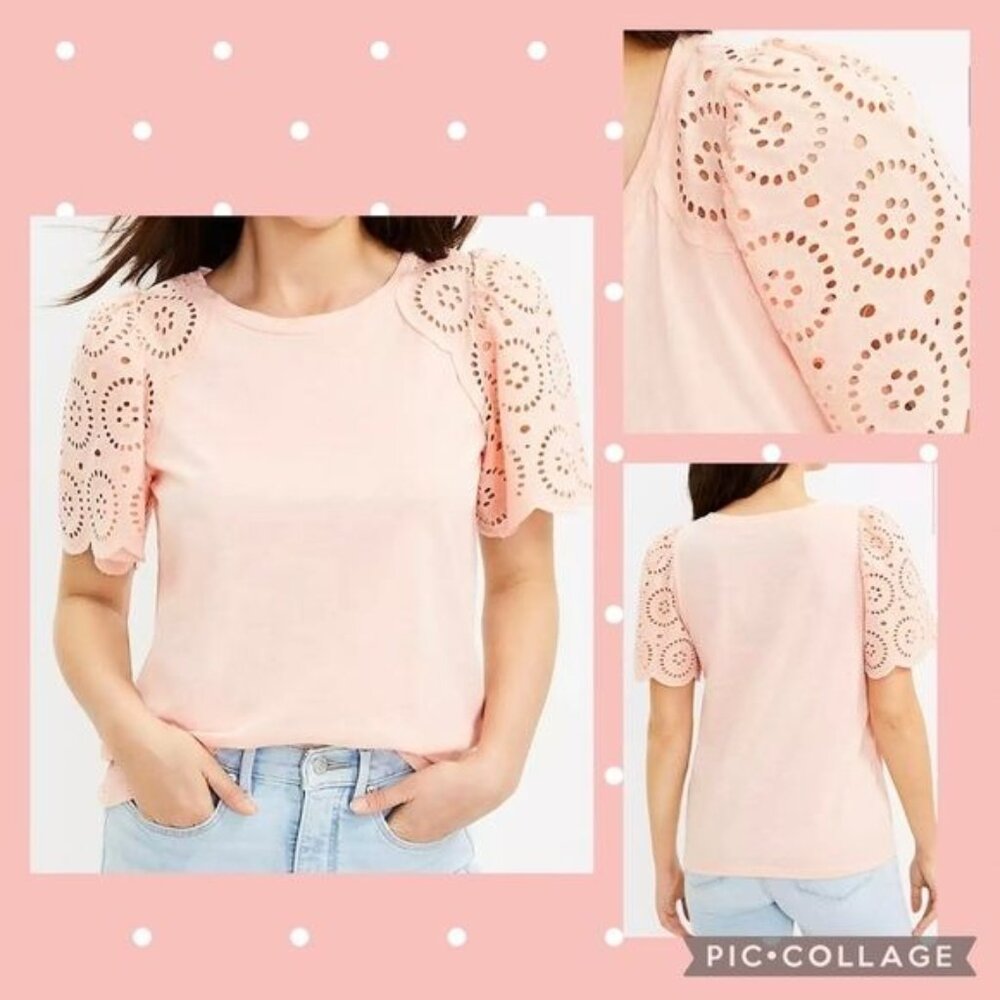 WOMEN LOFT Petite Eyelet Flutter Sleeve Tee LARGE 100%Cotton